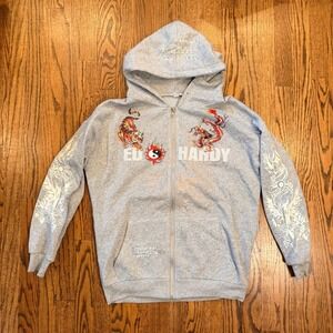 Ed Hardy Tiger Dragon Yin Yang Graphic Zip Up Hoodie Medium Gray